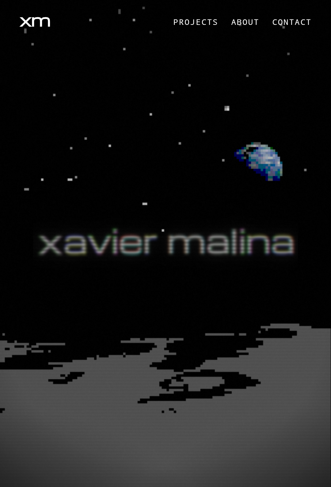 Screenshot of xaviermalina.com — a sci-fi pixel interface inspired by The Dig, Starsiege, and Fallout